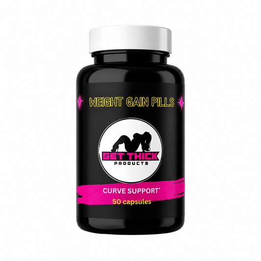 A black bottle of Weight Gain Pills by Get Thick Products, featuring a white cap and a label with pink, yellow, and white text, set against a plain white background.
