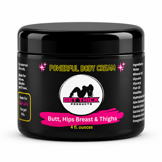 A black plastic jar of Get Thick Products 'Powerful Body booty enhancement Cream' with a black lid, featuring a white, pink, and black label on a clean white background.