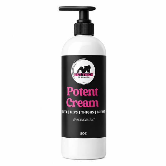 An 8oz pump bottle of Get Thick Products Potent Cream, featuring a white bottle with a black pump and a black label with pink and white text.