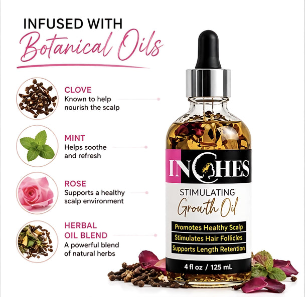 Bottle of INCHES Stimulating Growth Oil with botanical oils and benefits listed.