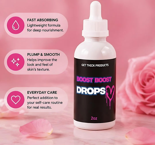 White bottle labeled 'Boost Boost Drops' on a pink background with product features listed.