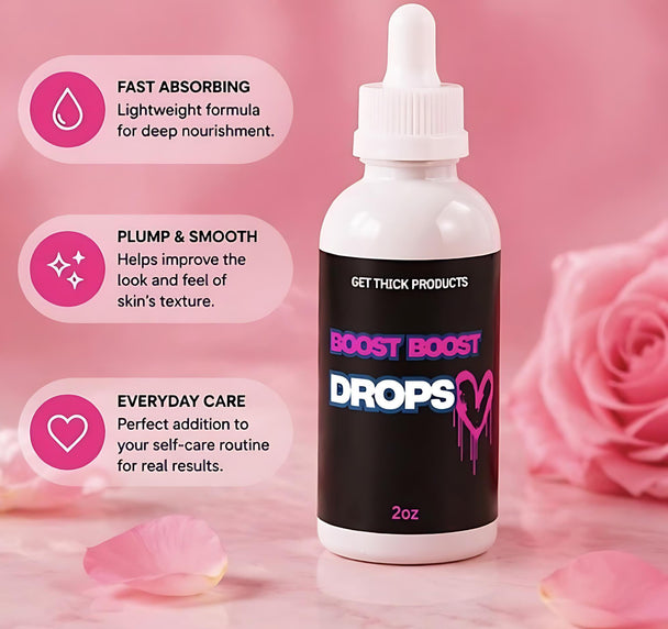 White bottle labeled 'Boost Boost Drops' on a pink background with product features listed.