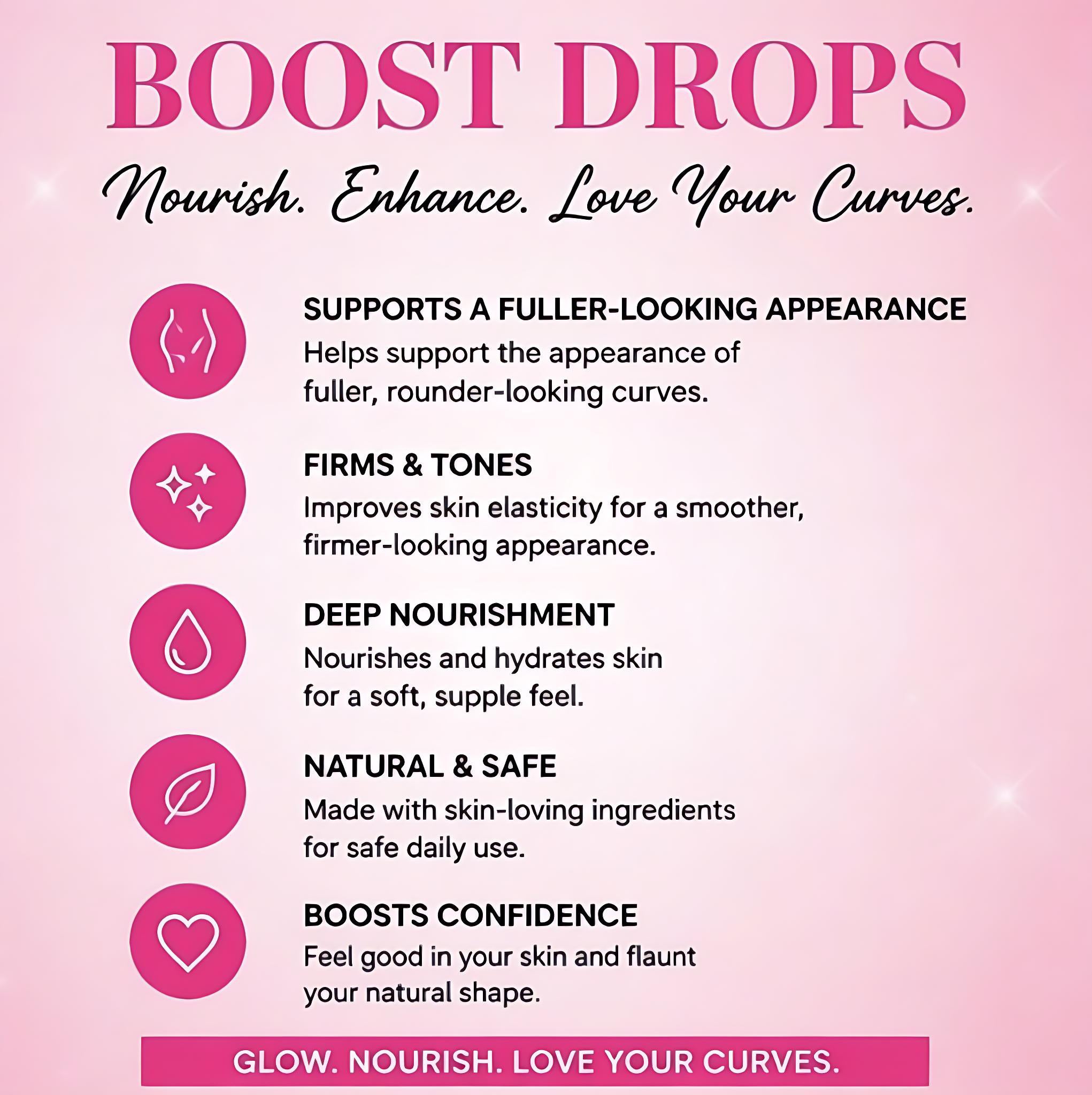 Product advertisement for 'Boost Drops' with text on a pink background