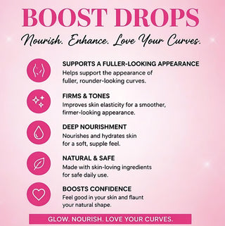 Product advertisement for 'Boost Drops' with text on a pink background