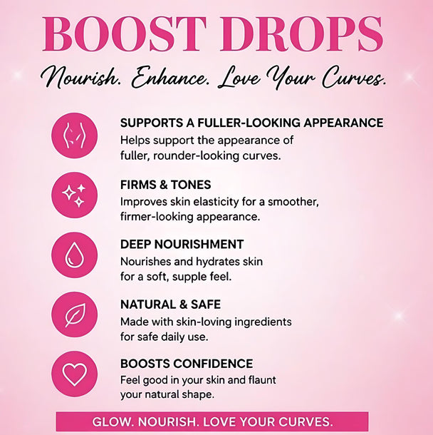 Product advertisement for 'Boost Drops' with text on a pink background