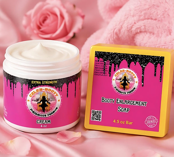 Celeb-Booty jar of cream and soap bar on a pink floral background