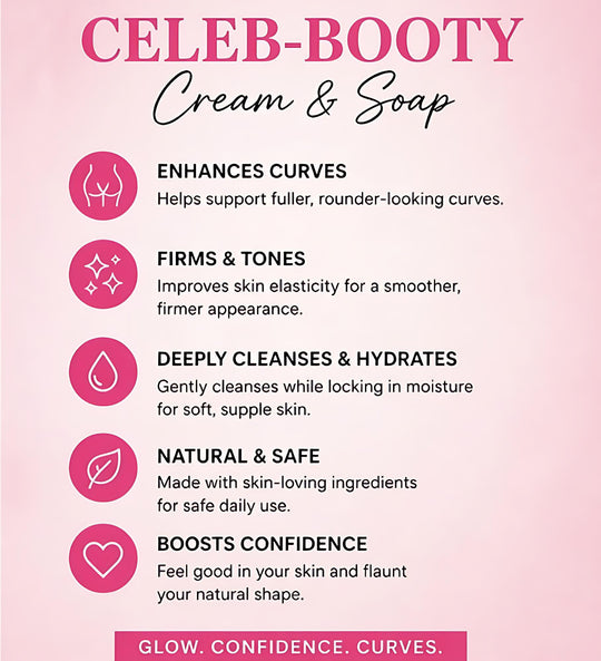 Advertisement for 'Celeb-Booty' cream and soap with pink gradient background and text listing benefits.