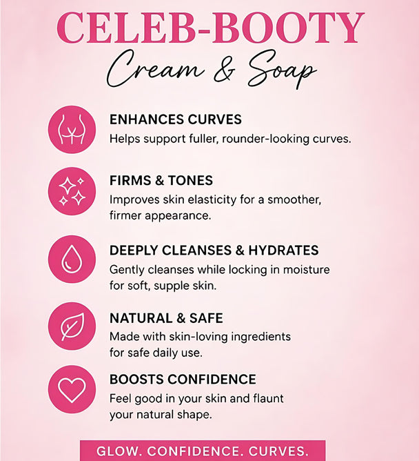 Advertisement for 'Celeb-Booty' cream and soap with pink gradient background and text listing benefits.