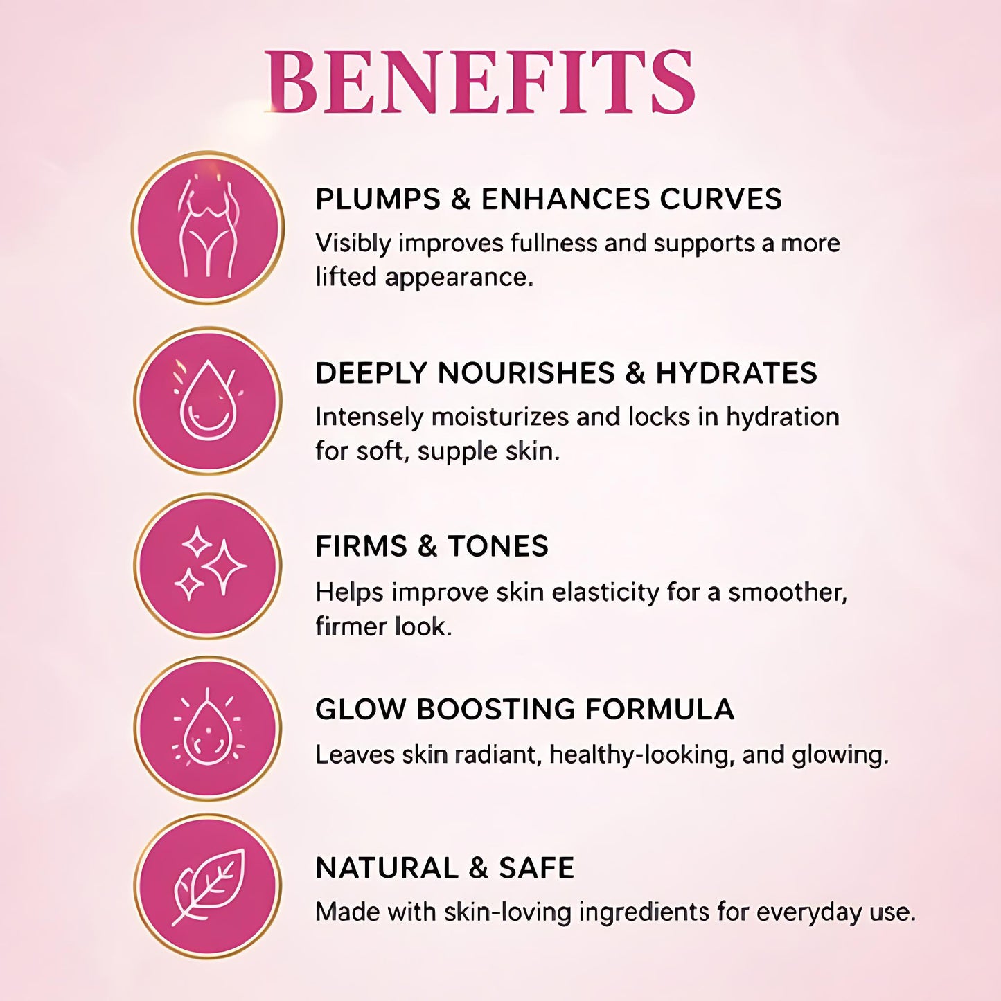 List of skincare product benefits on a pink background with icons.