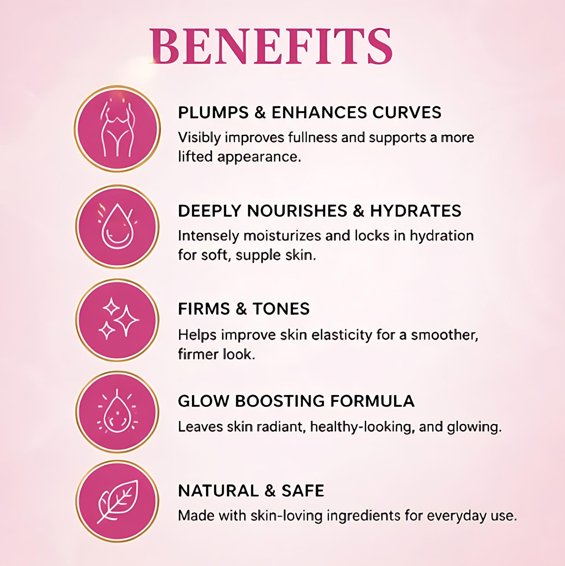 List of skincare product benefits on a pink background with icons.