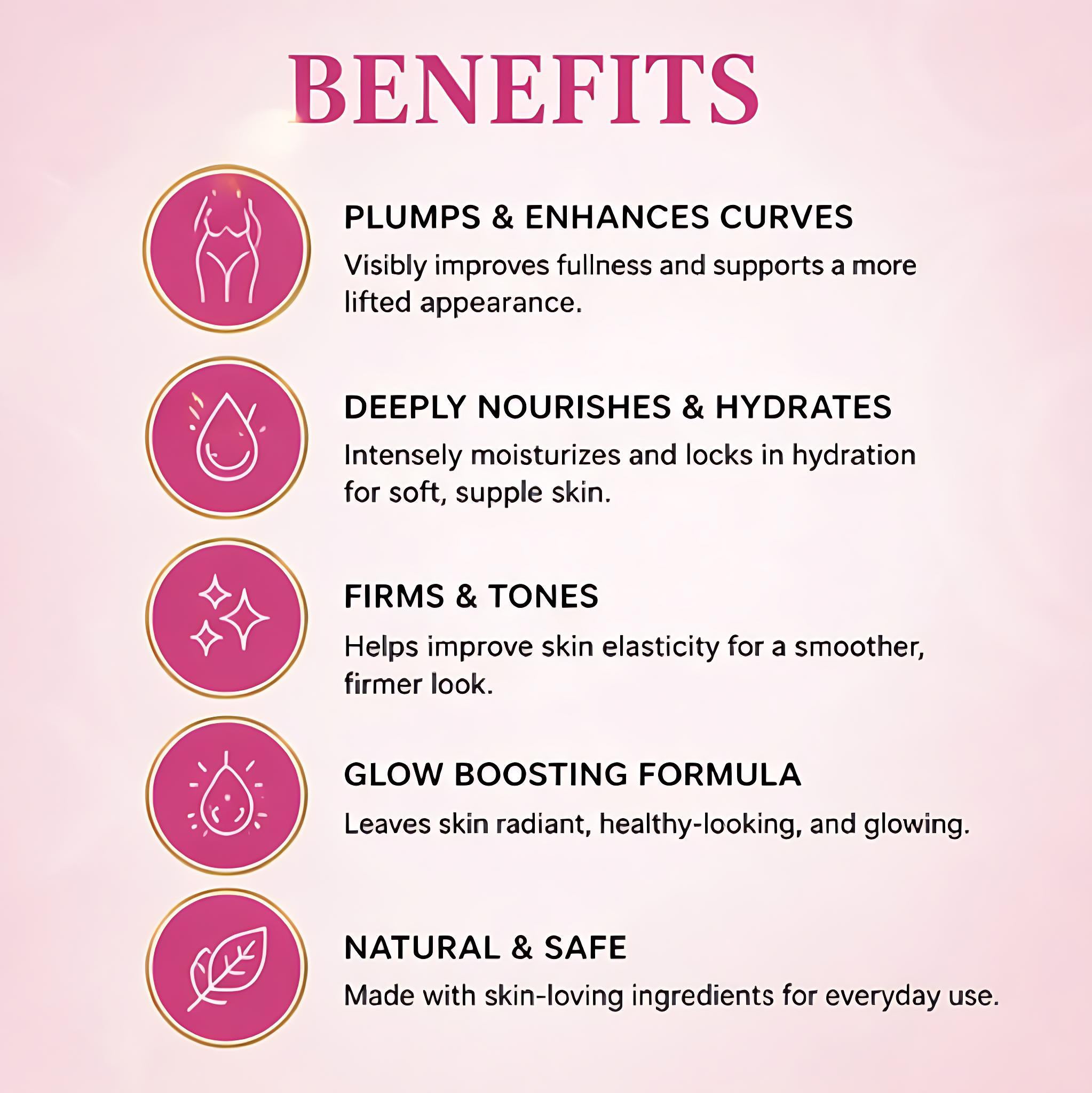 List of skincare product benefits on a pink background with icons.