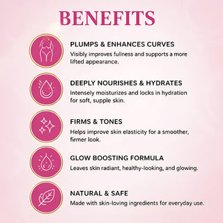 List of skincare product benefits on a pink background with icons.