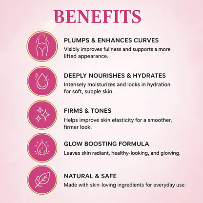 List of skincare product benefits on a pink background with icons.
