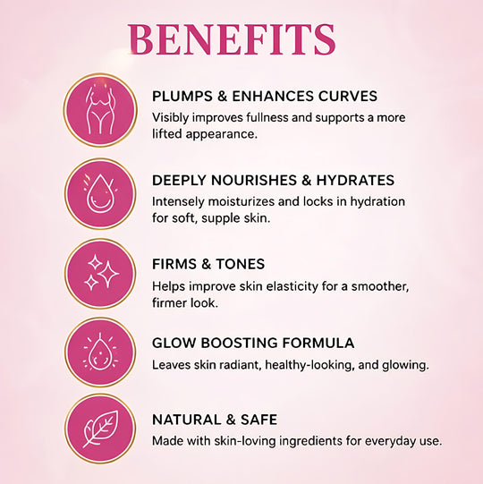List of skincare product benefits on a pink background with icons.