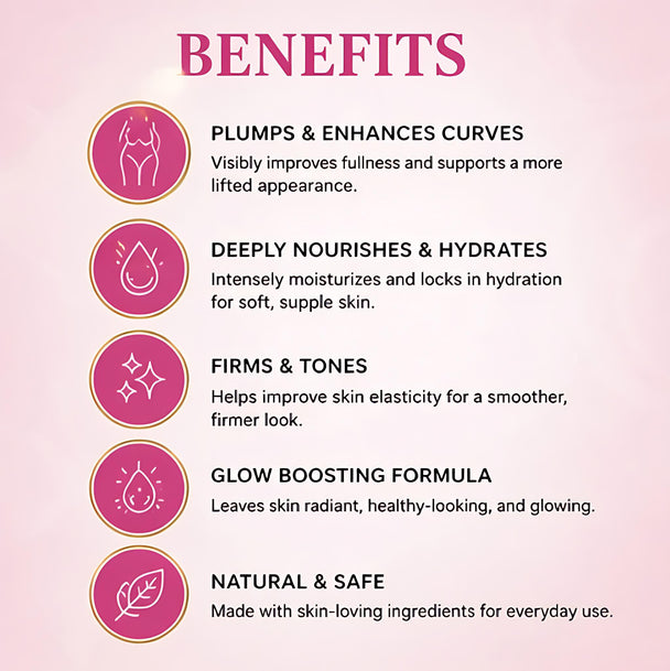 List of skincare product benefits on a pink background with icons.
