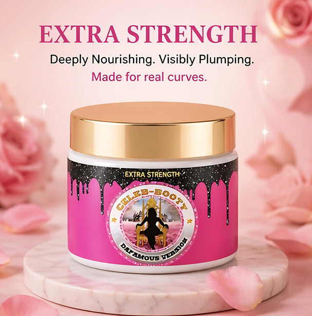Jar of 'Extra Strength' product with pink label and gold lid on a pink floral background