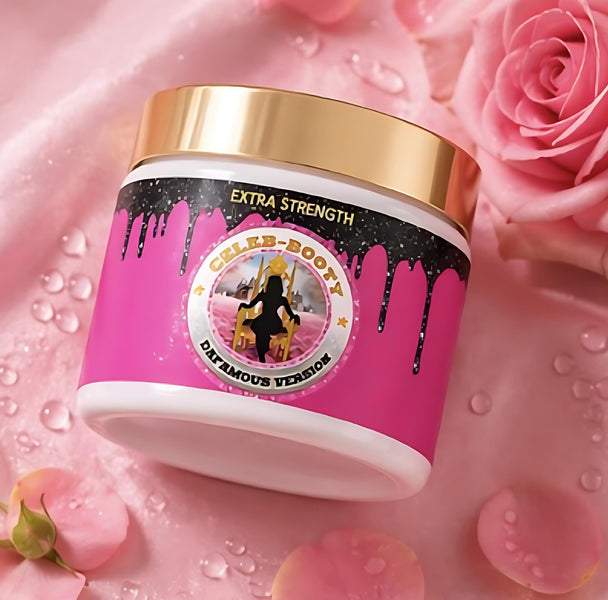 Pink jar with gold lid on a pink background with roses
