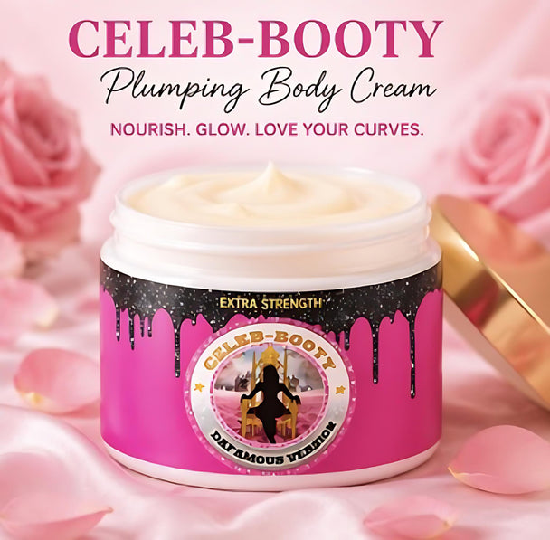 Jar of Celeb-Booty plumping body cream with pink background and roses.