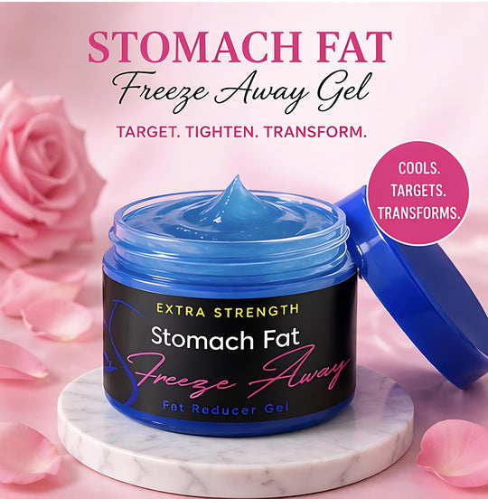 Stomach Fat Freeze Away Gel jar with blue gel on a pink floral background