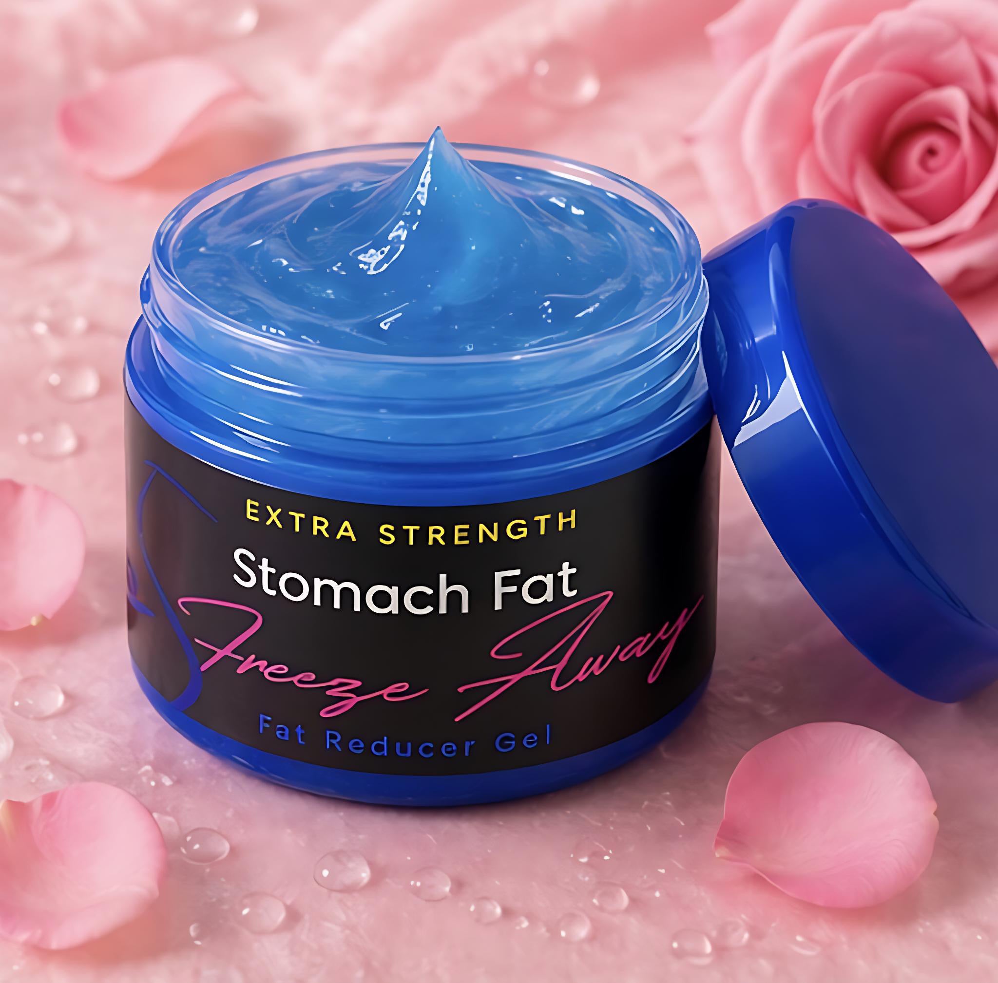 Jar of Extra Strength Stomach Fat Freeze Away gel with blue gel and pink roses in the background