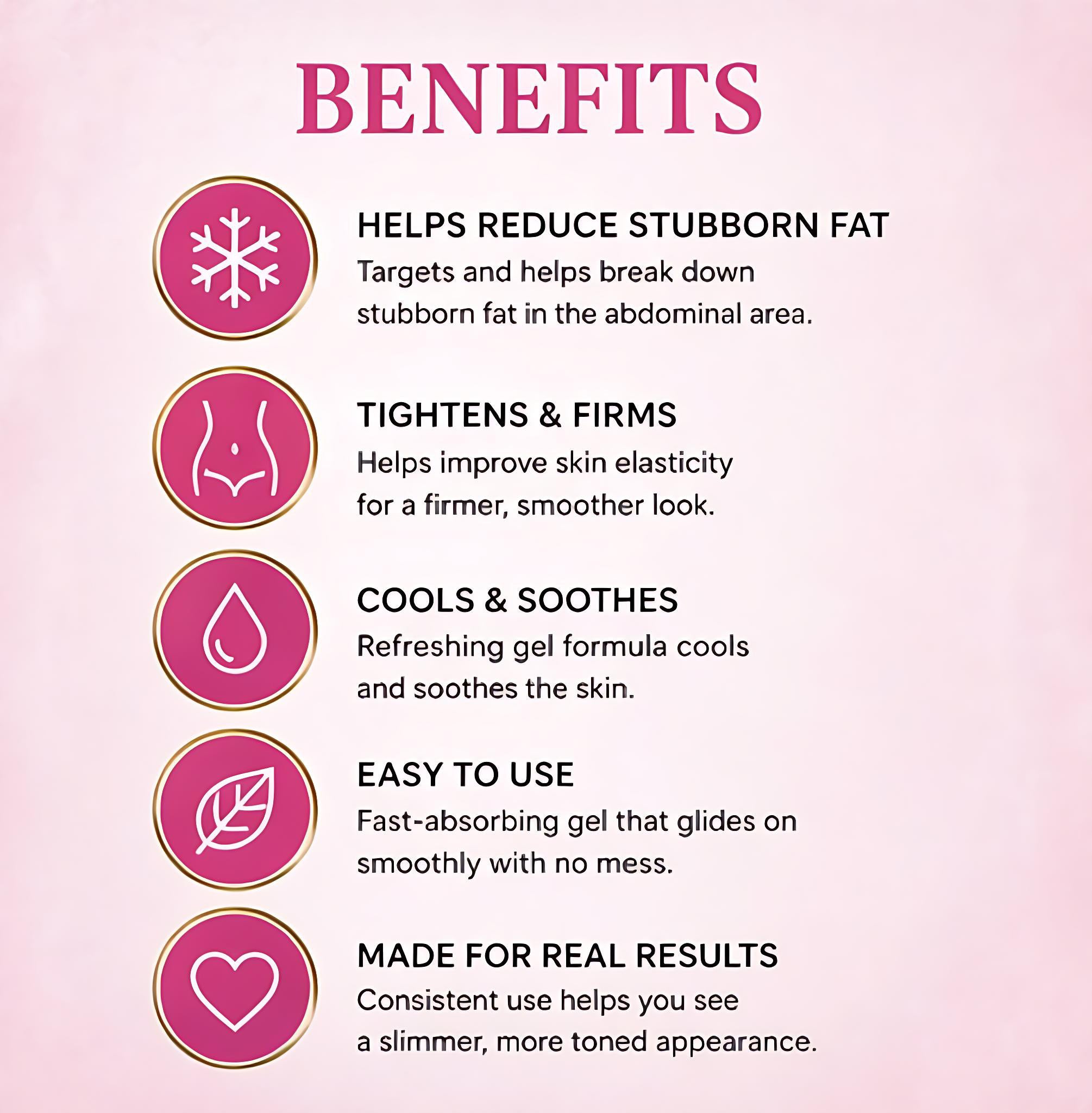 List of benefits on a pink background with icons and text.