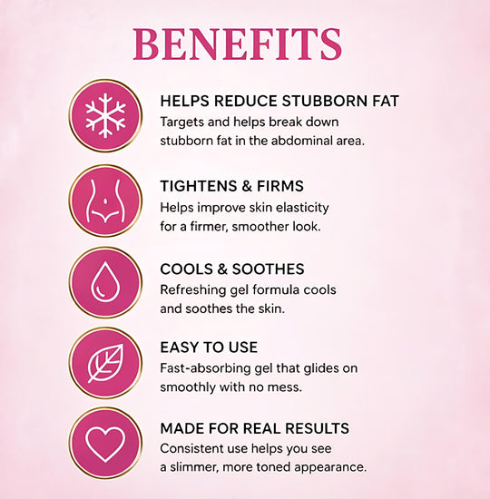 List of benefits on a pink background with icons and text.