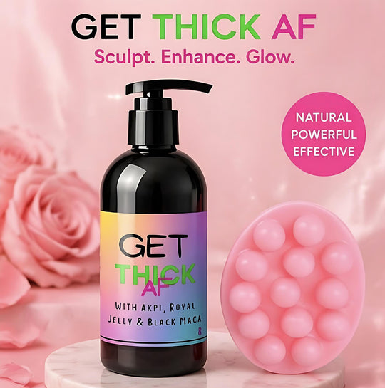 Bottle labeled 'GET THICK AF' with a pink rose and silicone tool on a pink background