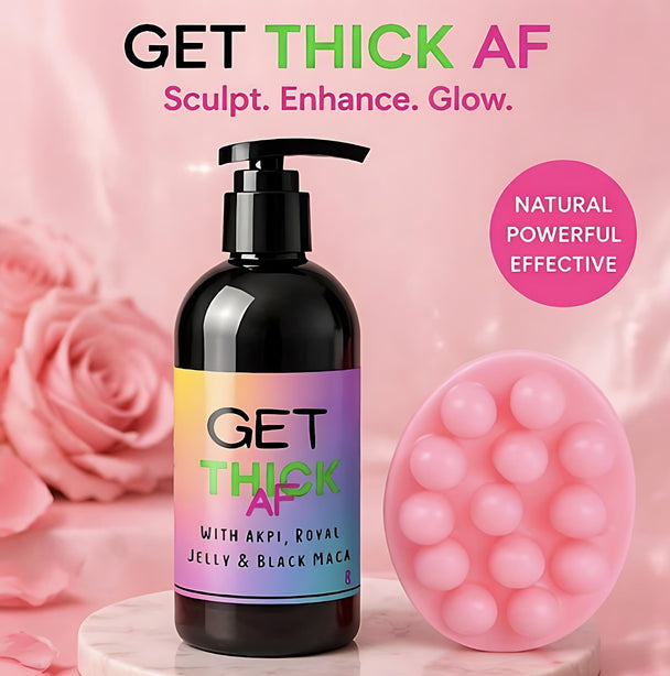 Bottle labeled 'GET THICK AF' with a pink rose and silicone tool on a pink background