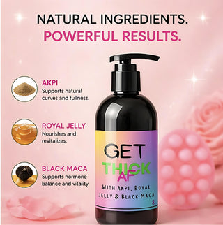 Bottle of 'GET THICK AF' with natural ingredients on a pink background