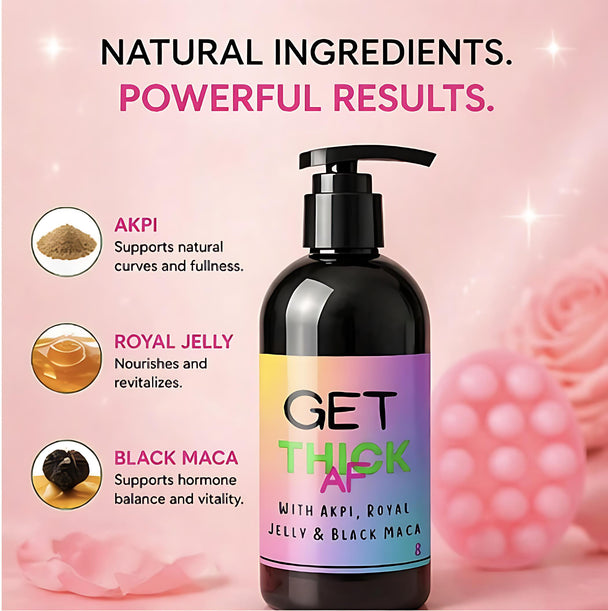 Bottle of 'GET THICK AF' with natural ingredients on a pink background