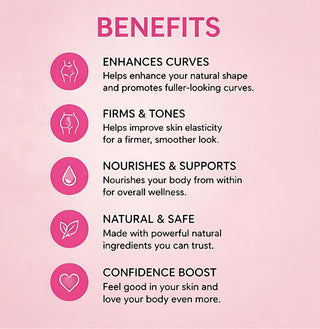 List of benefits on a pink background with icons and text.