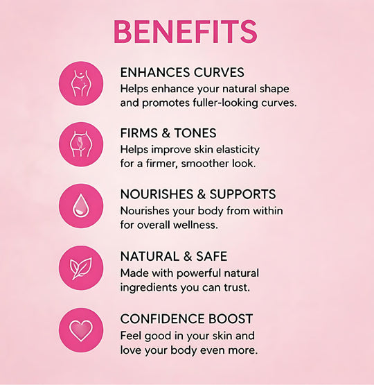 List of benefits on a pink background with icons and text.