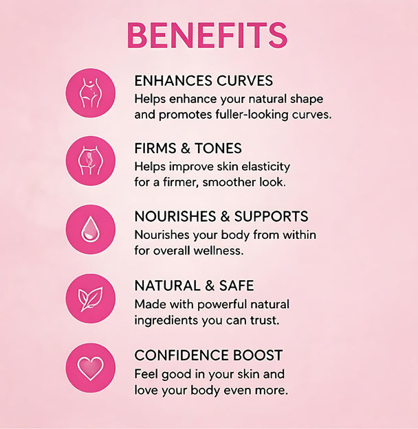 List of benefits on a pink background with icons and text.
