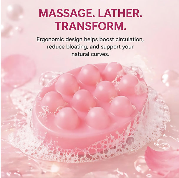 Pink massage ball with bubbles and text about its benefits on a pink background