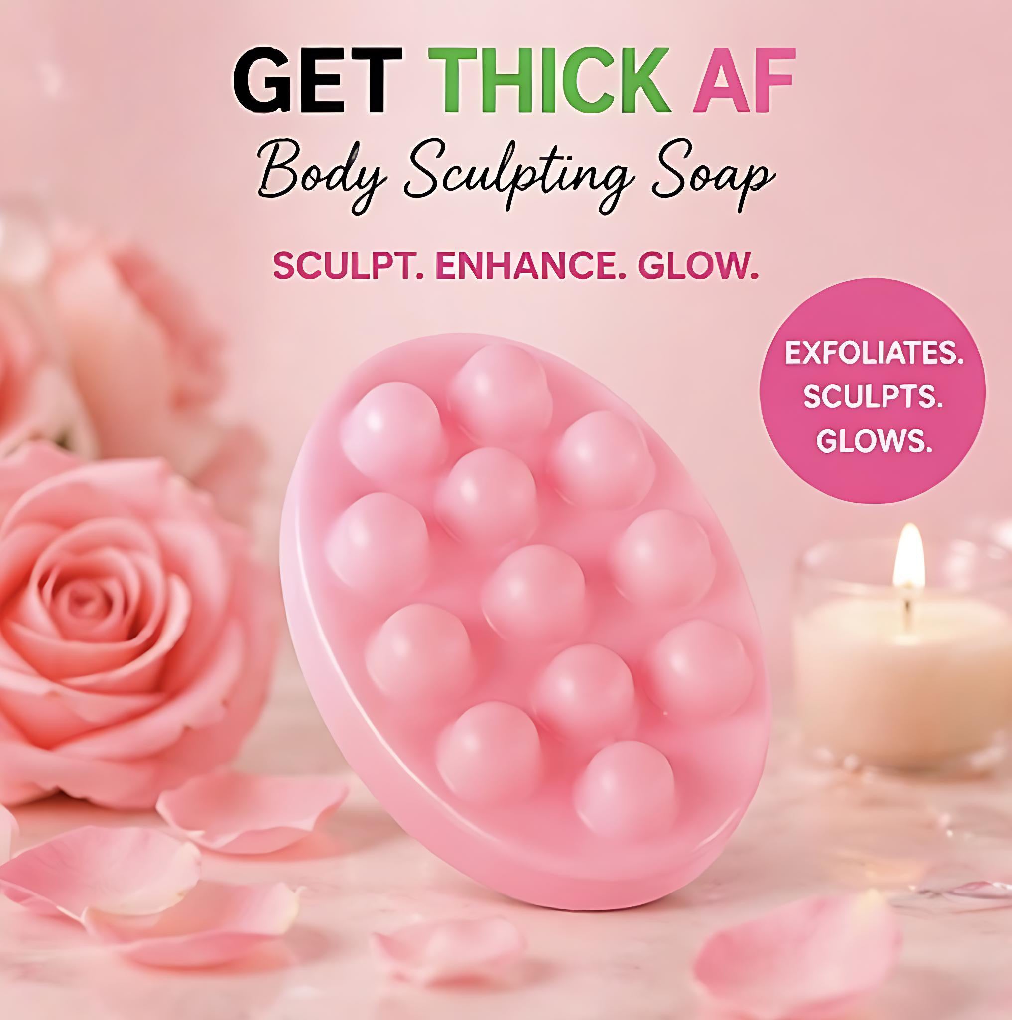 Pink body sculpting soap with roses and a candle on a pink background