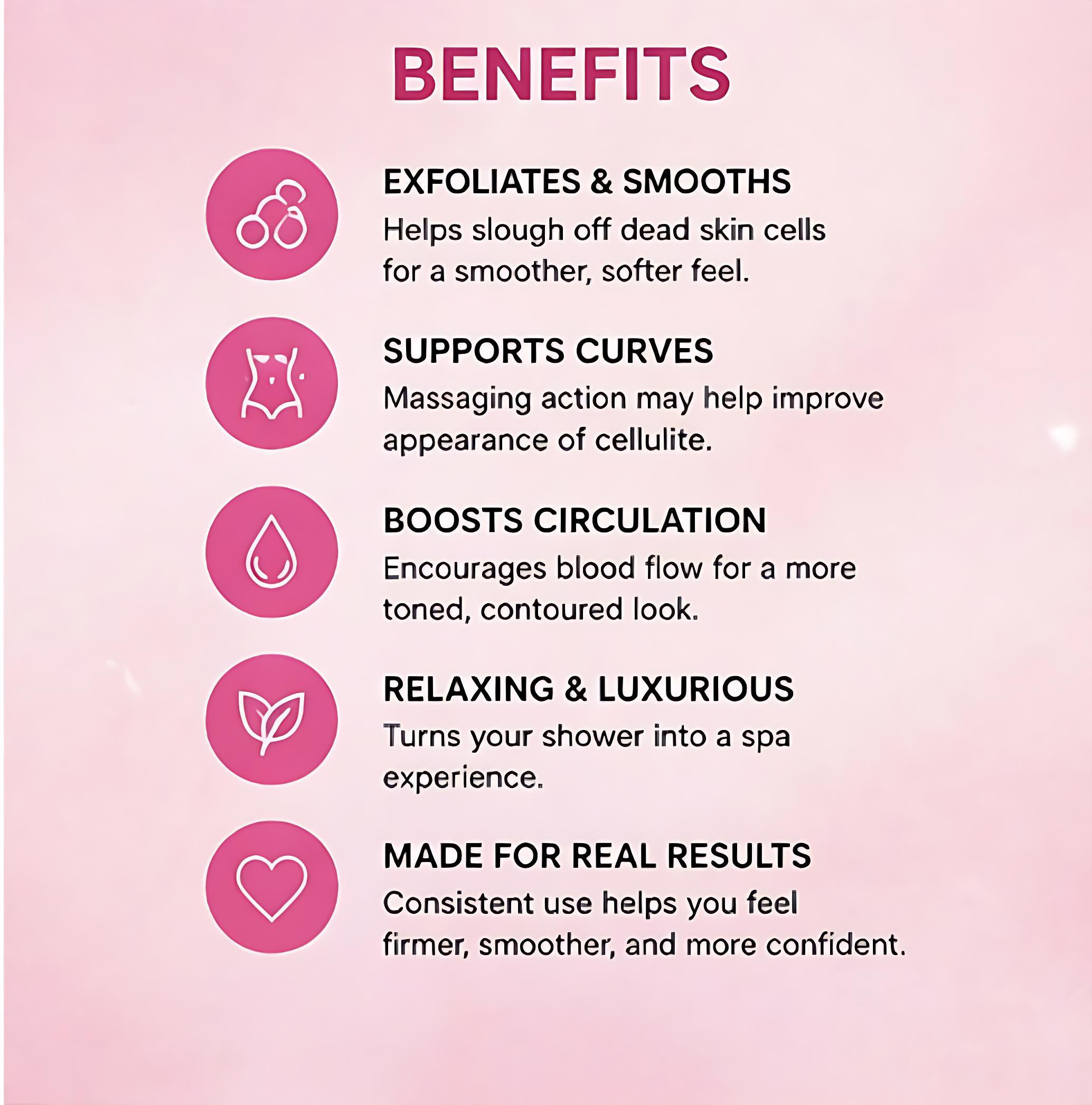 List of benefits on a pink background with icons and text.