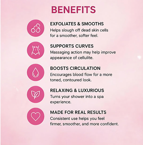 List of benefits on a pink background with icons and text.