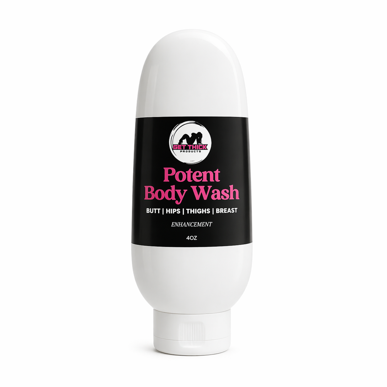 Get Thick Products white body wash bottle with a black label on a white background