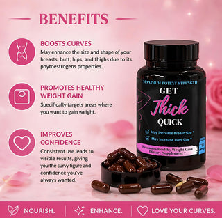 Supplement bottle labeled 'GET Thick Quick' with benefits listed on a pink background