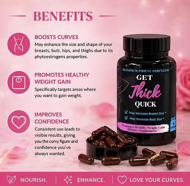 Supplement bottle labeled 'GET Thick Quick' with benefits listed on a pink background