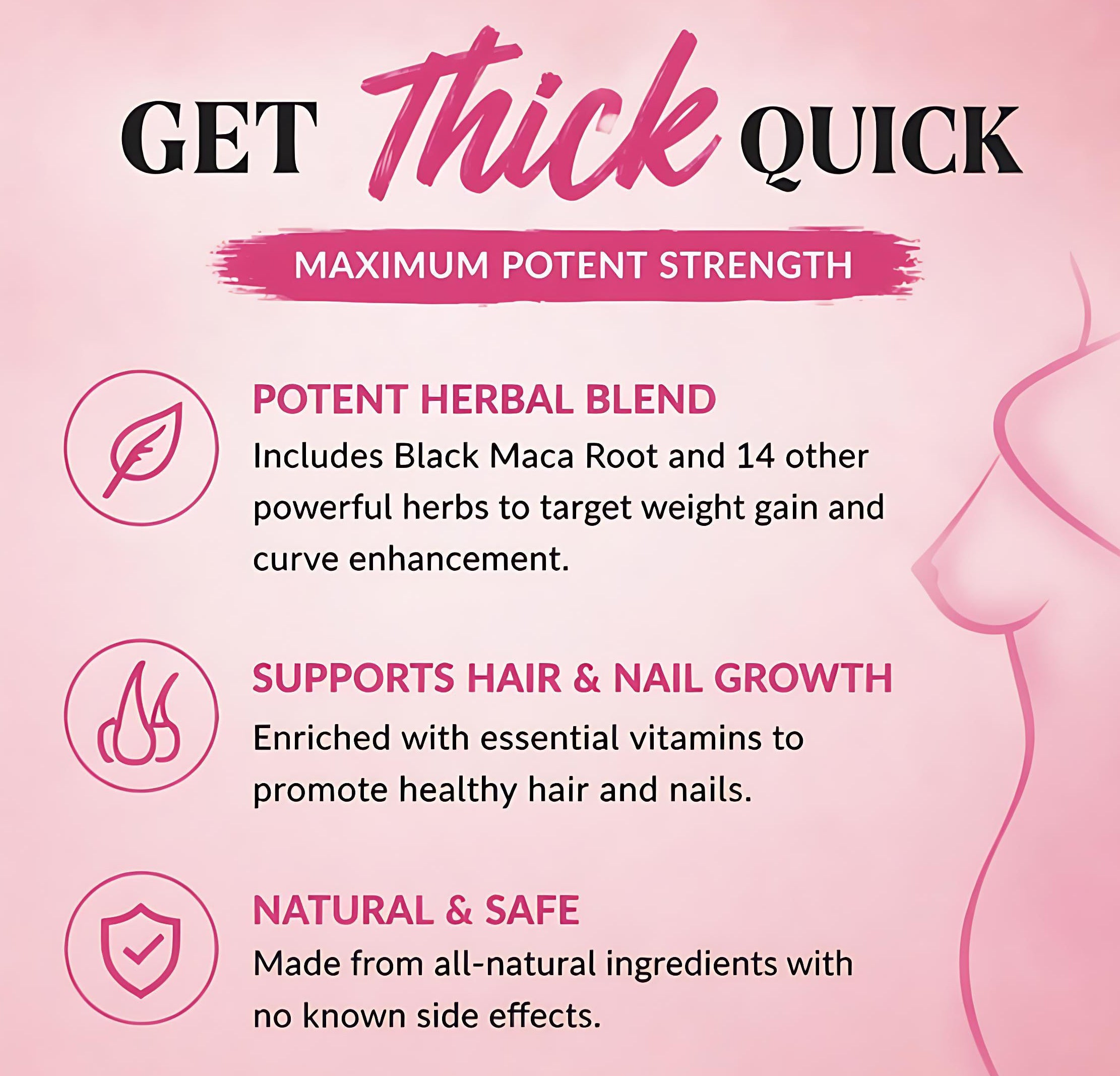 Advertisement for a product claiming to promote weight gain and hair/nail growth with herbal blend on a pink background.