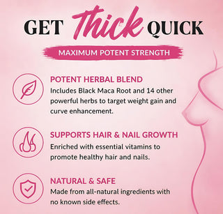Advertisement for a product claiming to promote weight gain and hair/nail growth with herbal blend on a pink background.