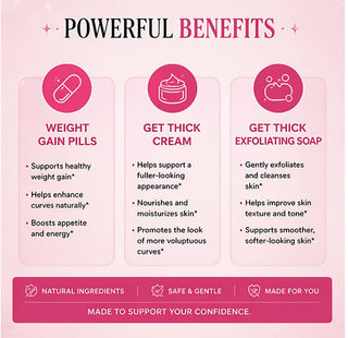 Product advertisement with 'Powerful Benefits' on a pink background, featuring weight gain pills, thick cream, and exfoliating soap.