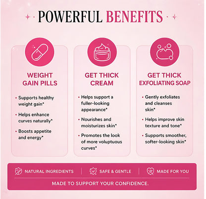 Product advertisement with 'Powerful Benefits' on a pink background, featuring weight gain pills, thick cream, and exfoliating soap.