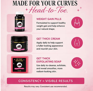 Product line for weight gain and skin care on a pink background
