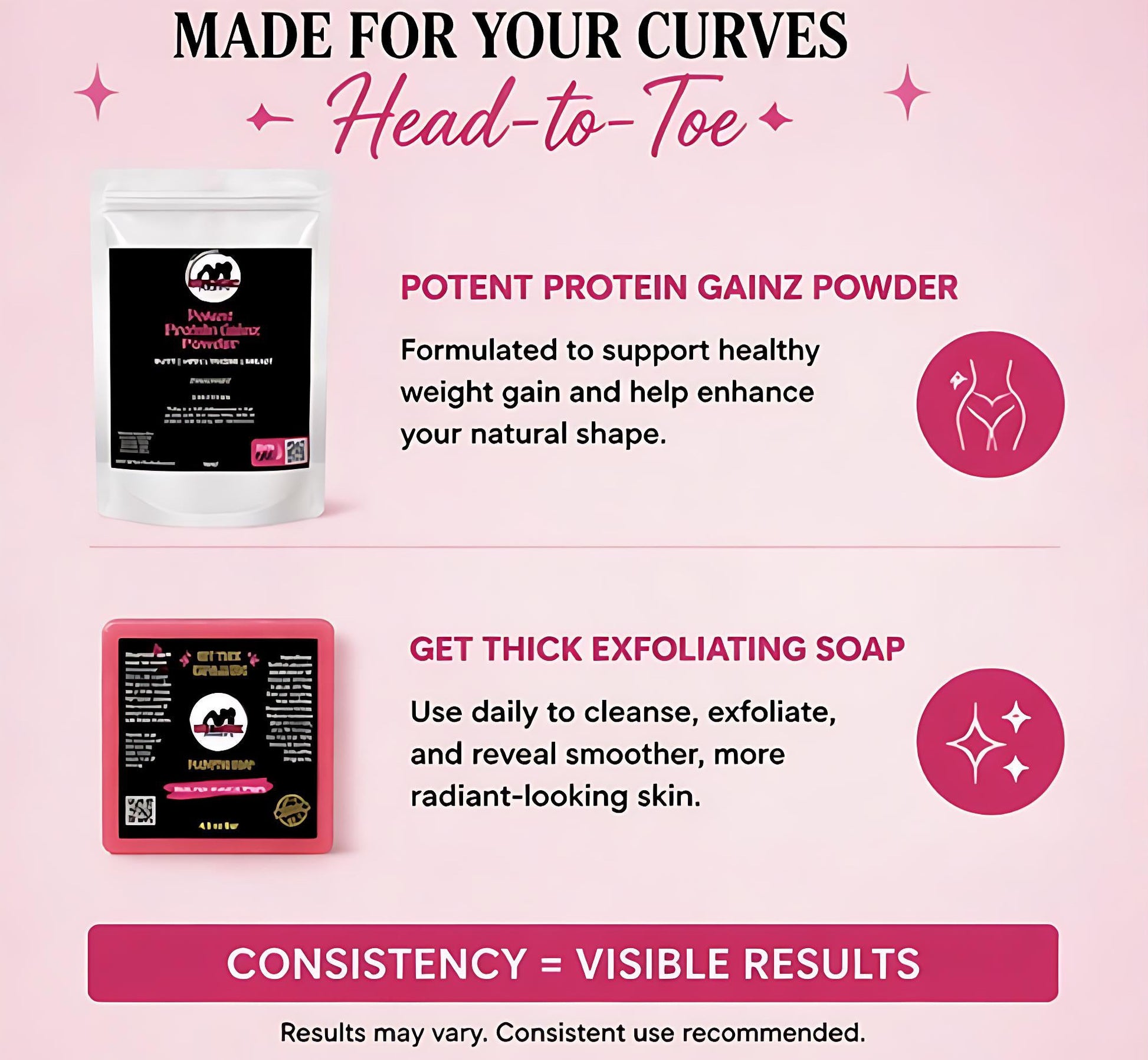 Product advertisement for protein gainz powder and exfoliating soap on a pink background