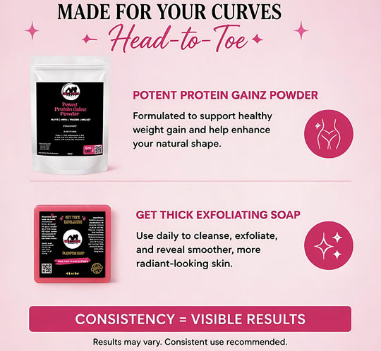 Product advertisement for protein gainz powder and exfoliating soap on a pink background