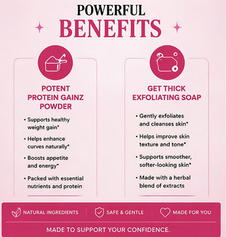 Product advertisement highlighting potent protein gainz powder and thick exfoliating soap with benefits listed.