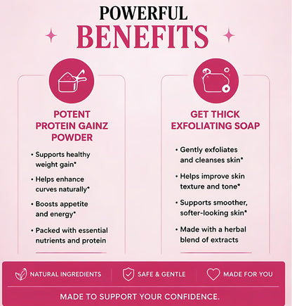 Product advertisement highlighting potent protein gainz powder and thick exfoliating soap with benefits listed.