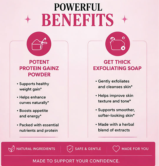 Product advertisement highlighting potent protein gainz powder and thick exfoliating soap with benefits listed.